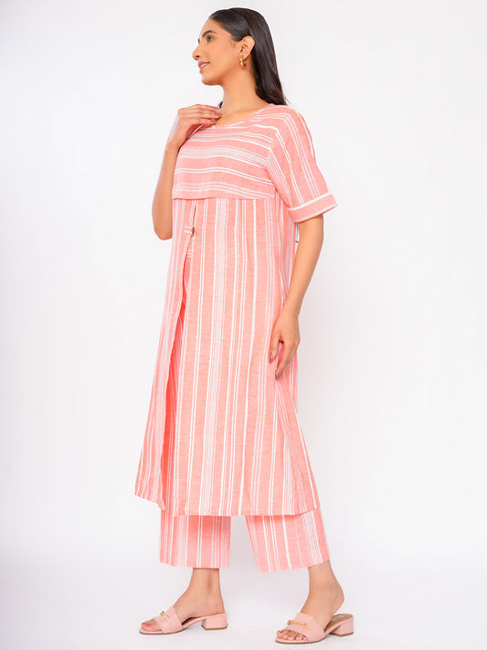 PEACHY STRIPES FRONT SLIT KURTA SET