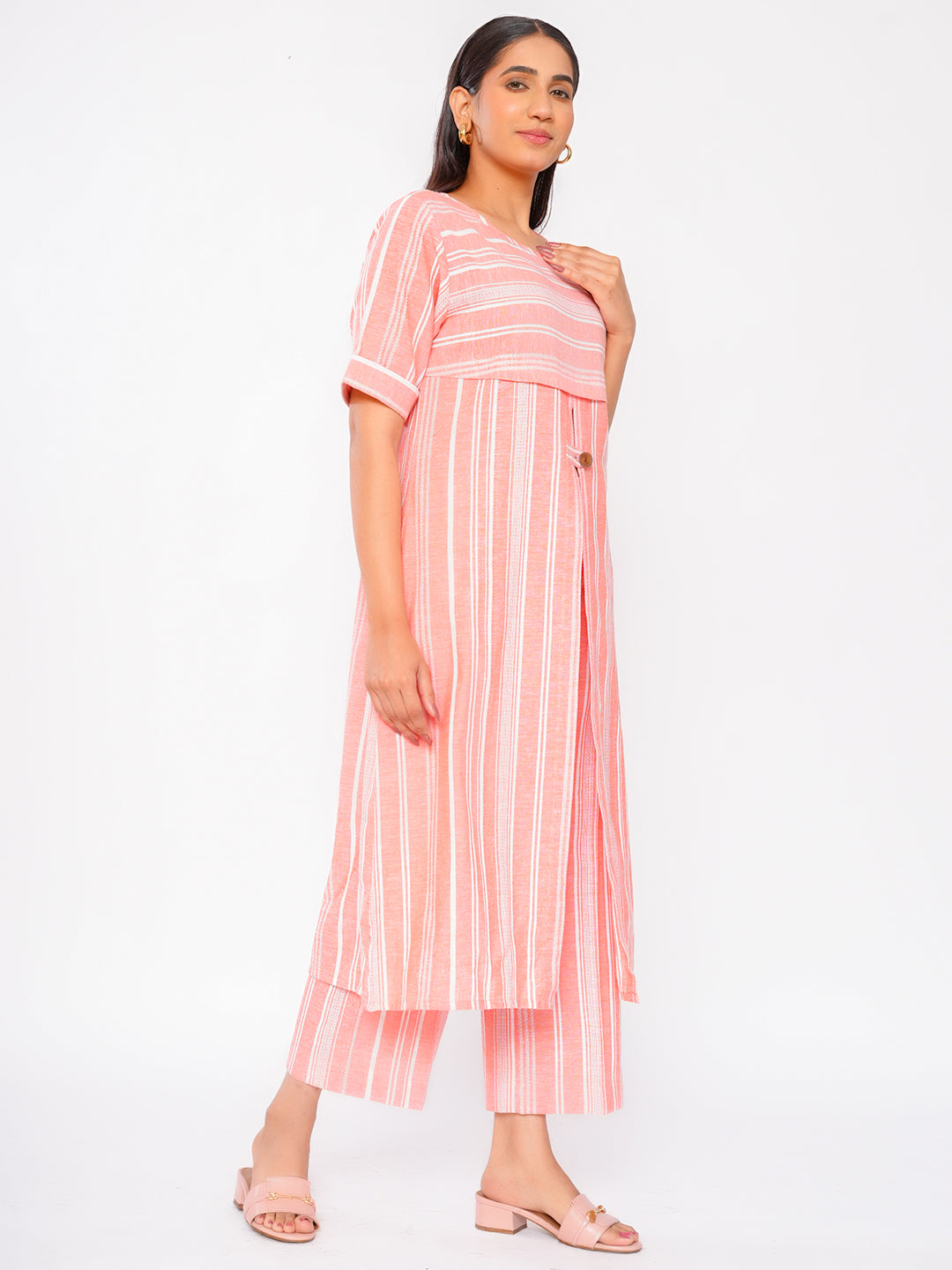 PEACHY STRIPES FRONT SLIT KURTA SET
