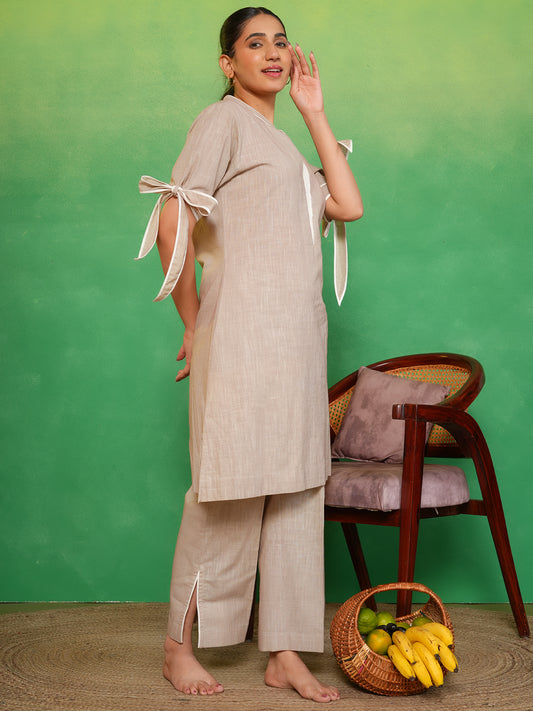 Nude Beige Bow-Tie Kurta Set