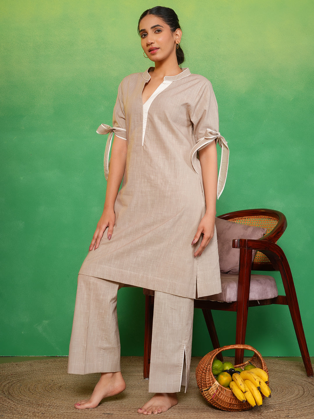 Nude Beige Bow-Tie Kurta Set