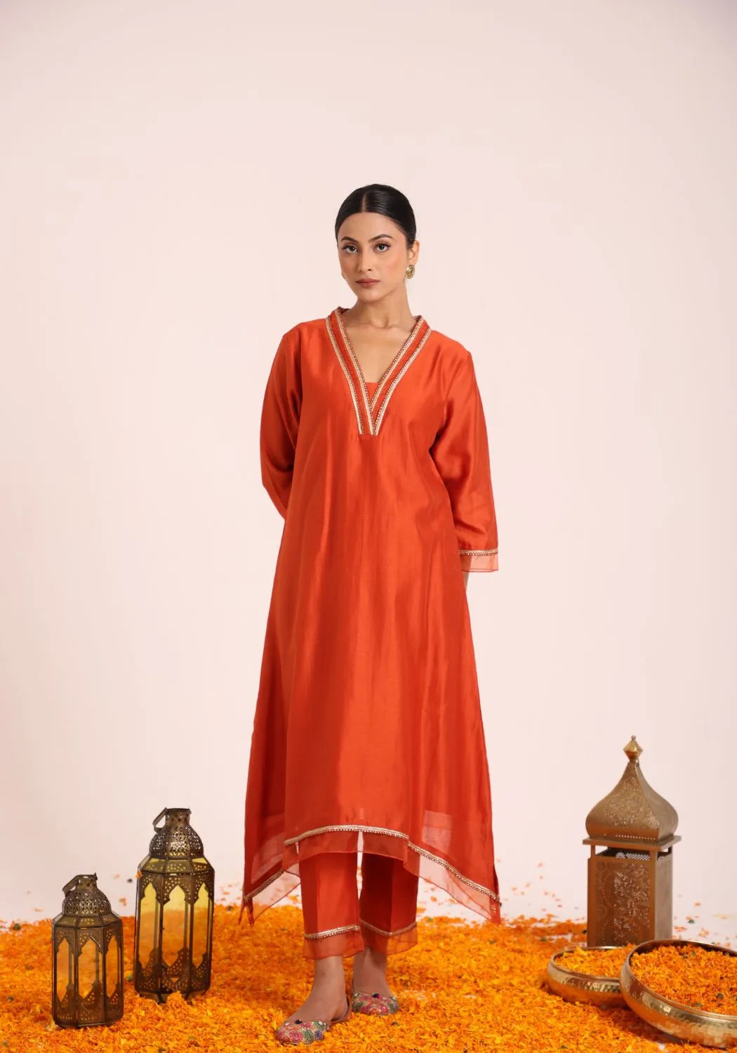 Tangerine Chanderi Silk Suit Set