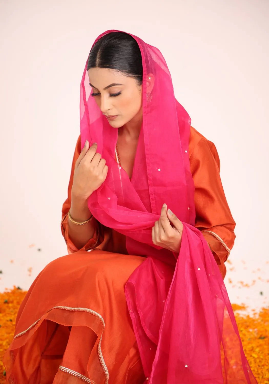 Tangerine Chanderi Silk Suit Set