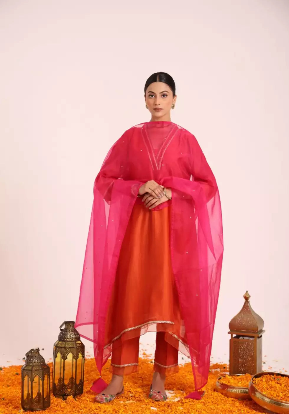 Tangerine Chanderi Silk Suit Set