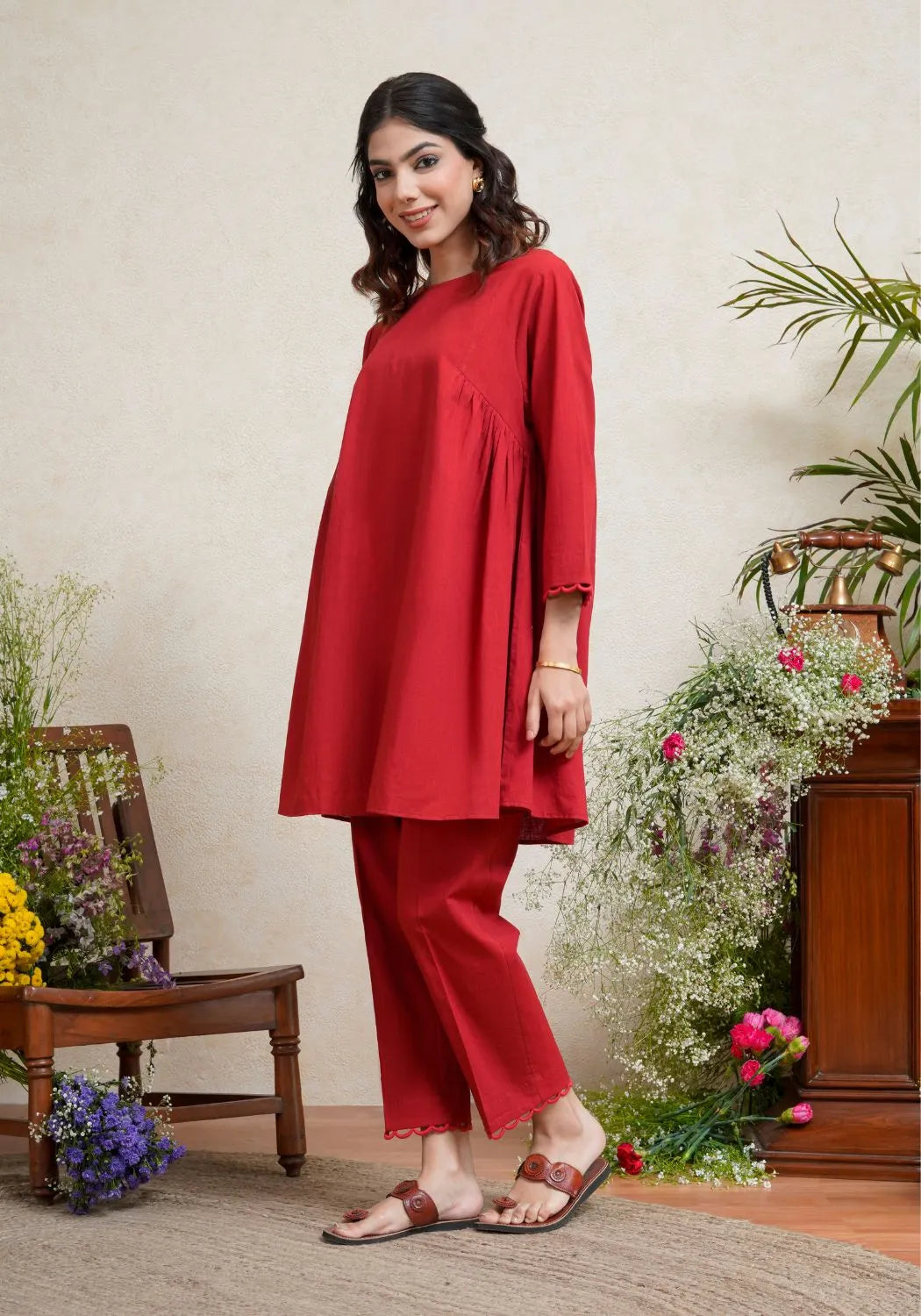 Scarlet Red Side Gathered Kurta Set