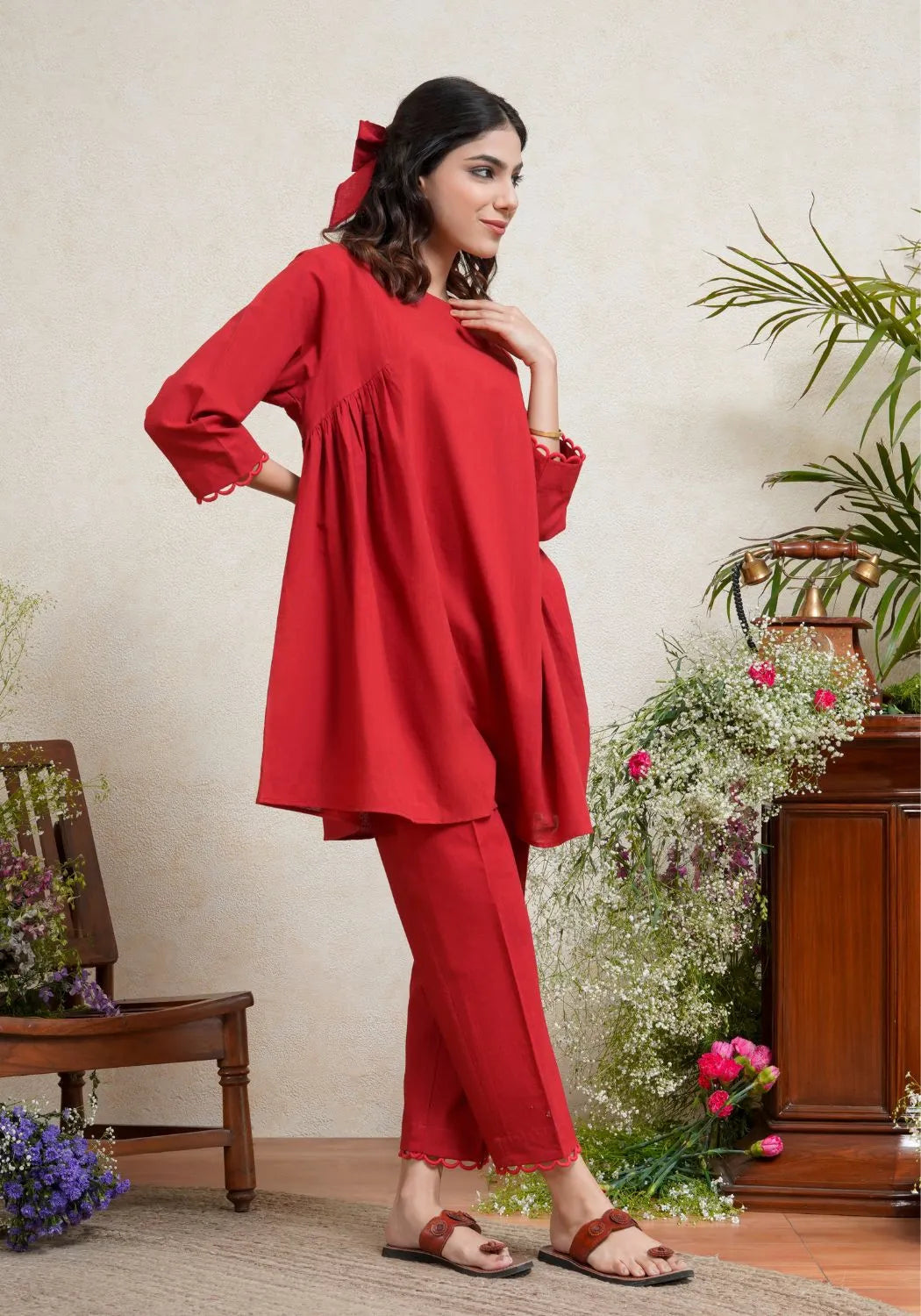 Scarlet Red Side Gathered Kurta Set