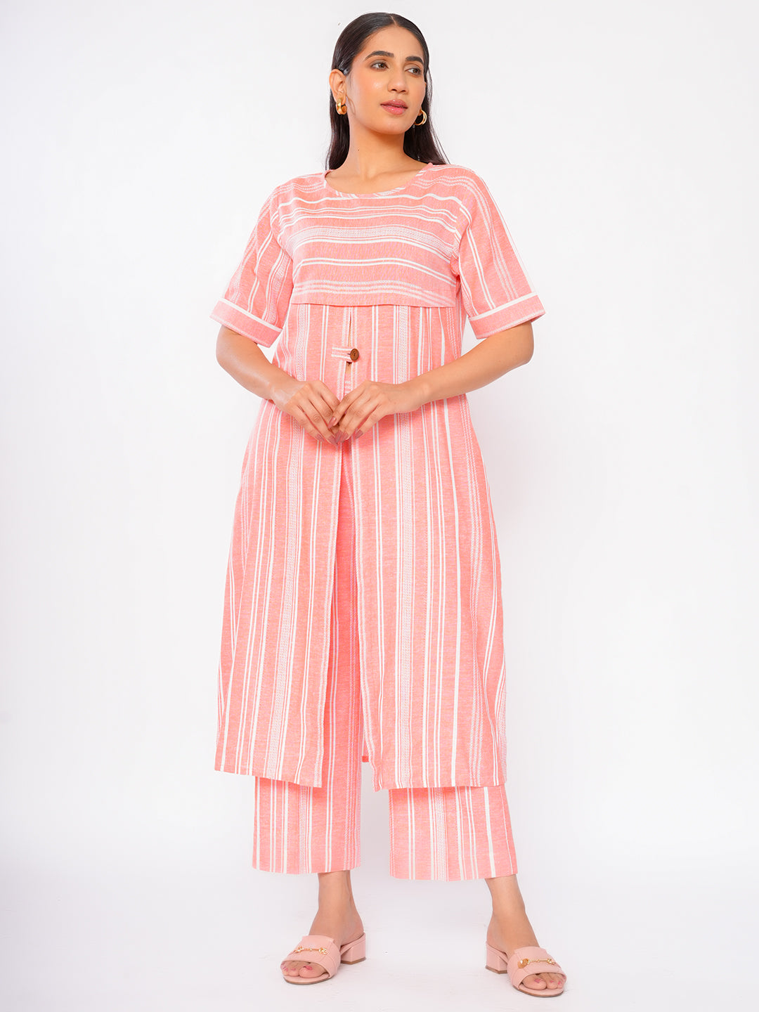 PEACHY STRIPES FRONT SLIT KURTA SET