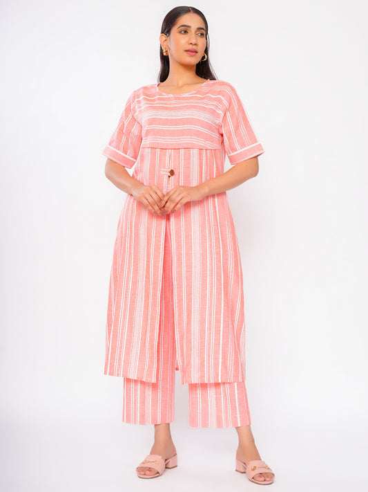 PEACHY STRIPES FRONT SLIT KURTA SET