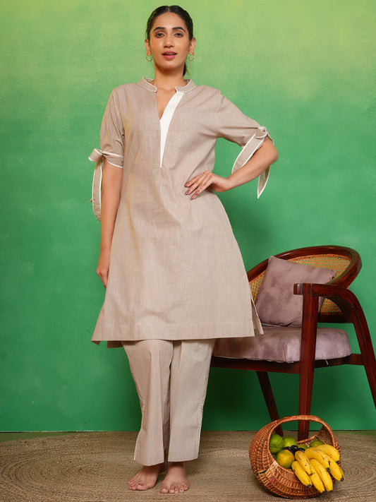Nude Beige Bow-Tie Kurta Set