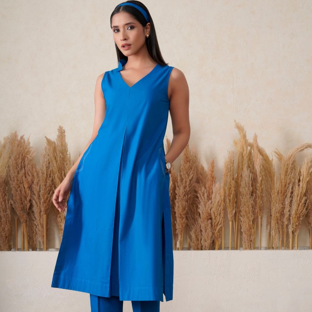 Electric Blue Sleeveless Kurta Pant Set