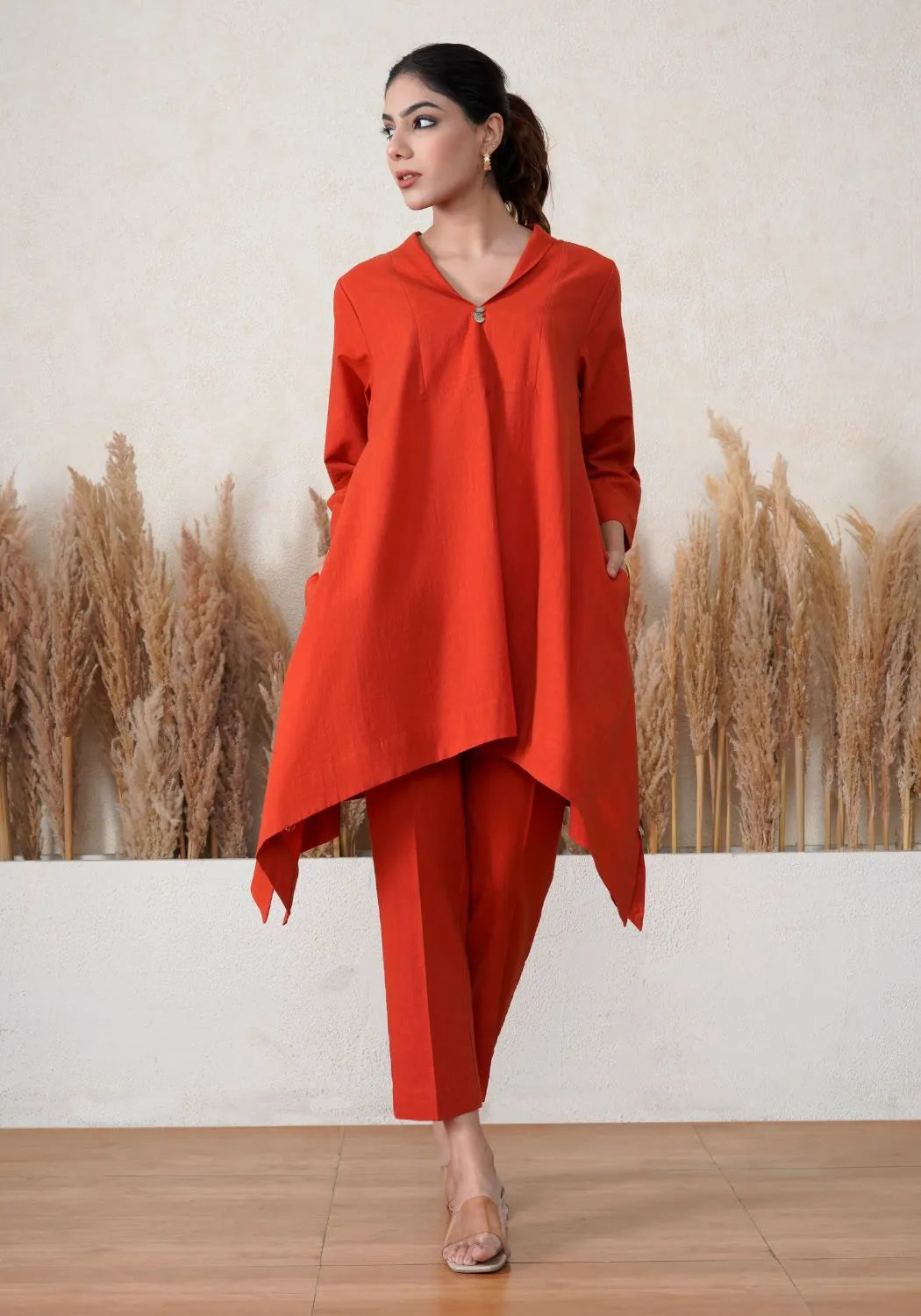 Sunset Rust Asymmetric Kurta Set